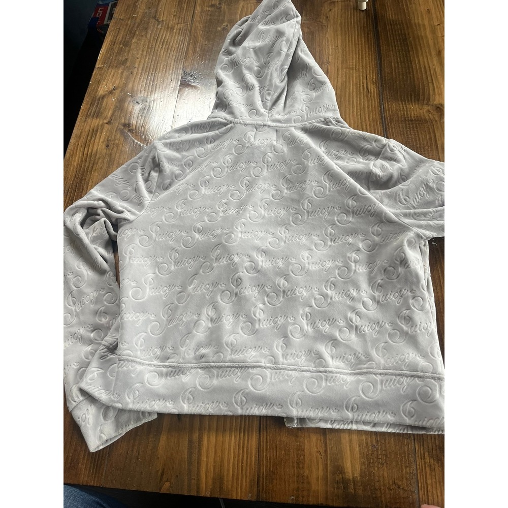 Juicy Couture Velour Zip Up Hoodie Grey Embossed All‎ Over Logo Y2K Size L - Picture 6 of 8